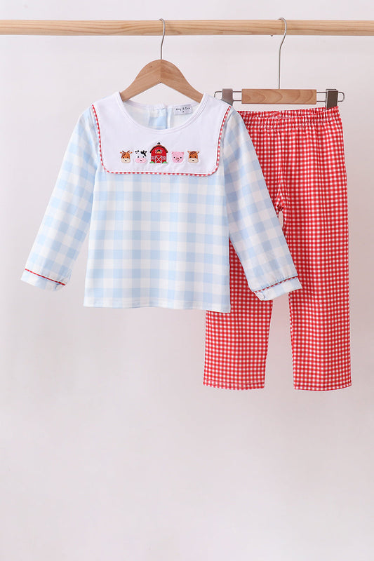 Blue Farm Embroidery Gingham Pants Set - Sweet & Charming Little Girl Style