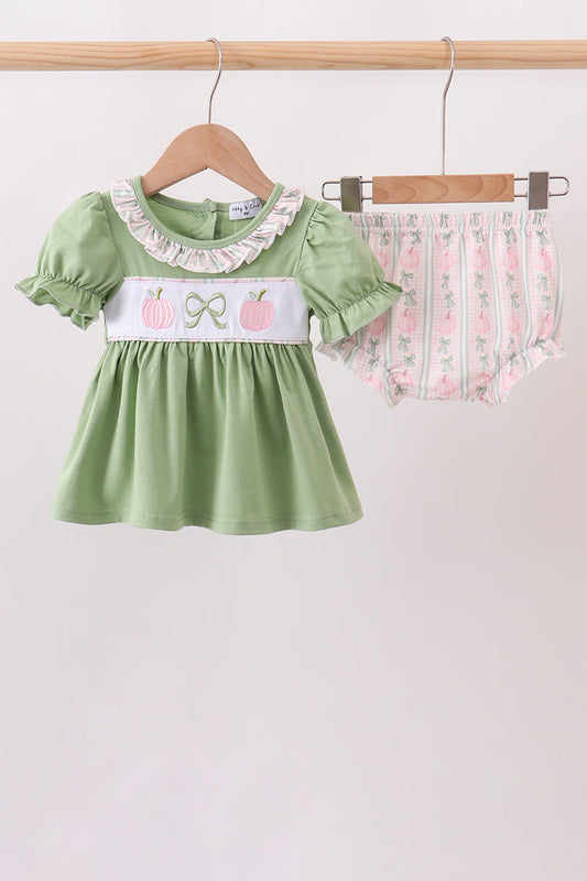 Sage Pumpkin Bow Embroidery Bloomer Set - Precious Baby Girl Fall Style
