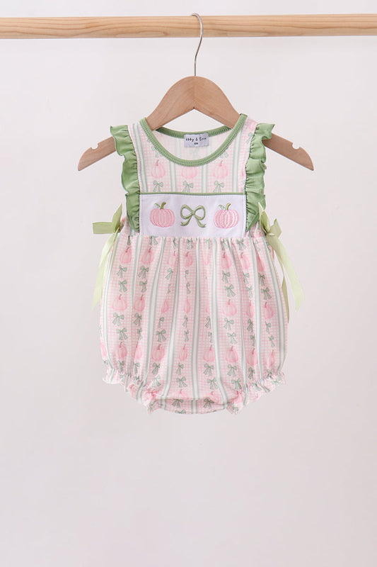 Sage Pumpkin Bow Embroidery Ruffle Bubble - Precious Baby Girl Fall Style