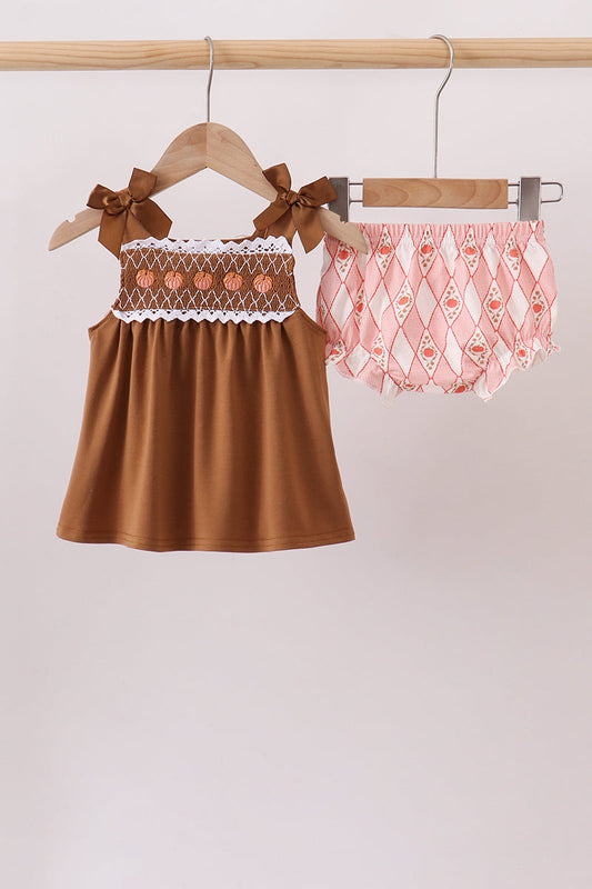 Brown Pumpkin Smocked Lace Bloomer Set - Precious Baby Girl Fall Style