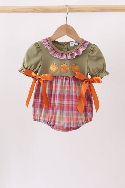 Camel Pumpkin Embroidery Ruffle Plaid Bubble - Precious Baby Girl Fall Style