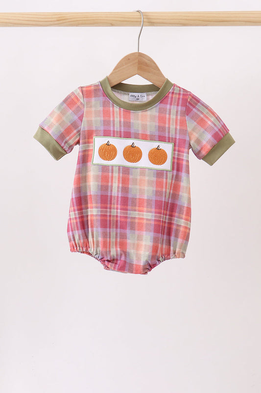 Camel Pumpkin Embroidery Plaid Bubble - Precious Baby Girl Fall Style