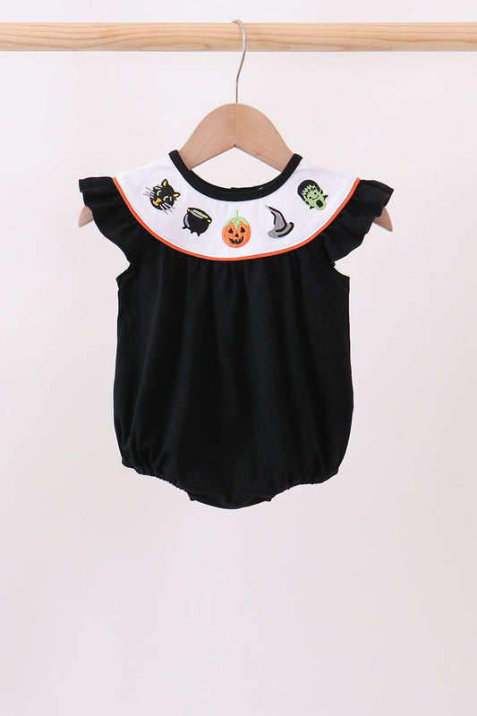Black Pumpkin Cat Embroidery Ruffle Bubble - Spooky Sweet Baby Girl Halloween Style