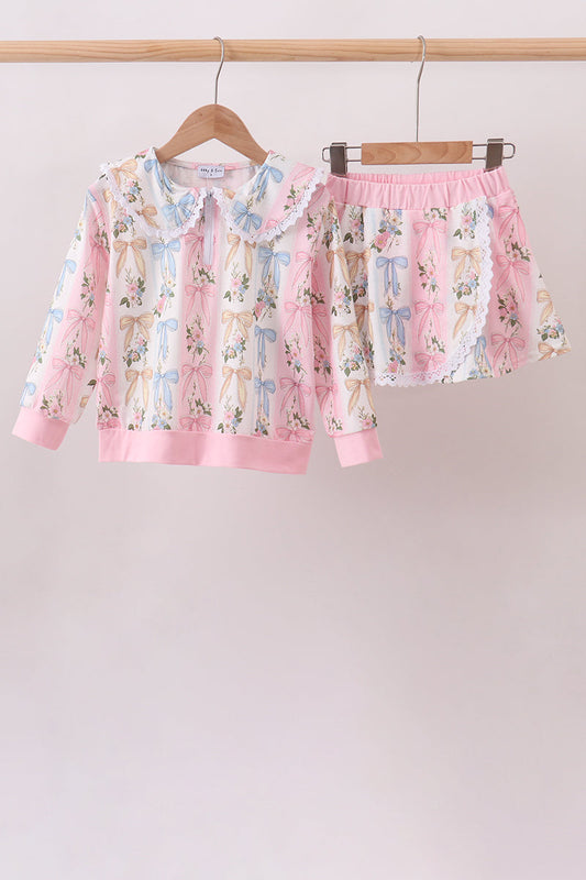 Pink Bow Floral Lace Skorts Set - Sweet & Girly Little Girl Style