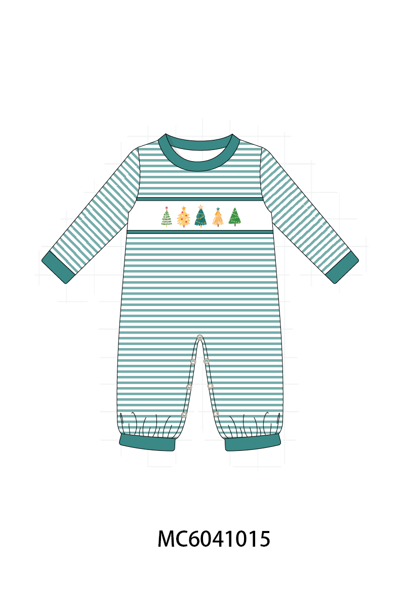 Green Christmas Tree Embroidery Stripe Romper - Sweet Holiday Style for Little Ones