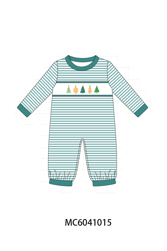 Green Christmas Tree Embroidery Stripe Romper - Sweet Holiday Style for Little Ones
