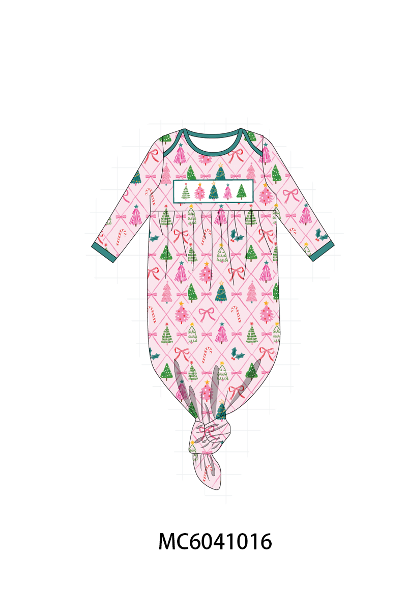 Pink Christmas Tree Embroidery Baby Sleep Gown - Sweet Holiday Dreams