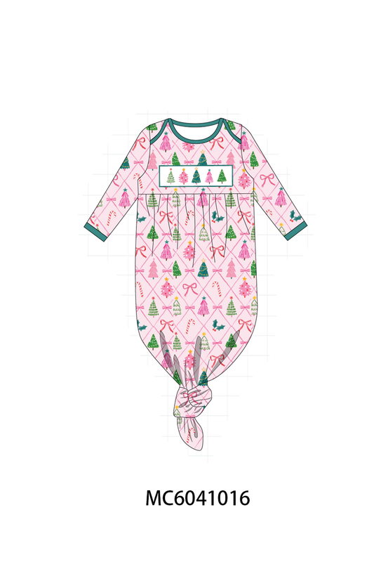 Pink Christmas Tree Embroidery Baby Sleep Gown - Sweet Holiday Dreams