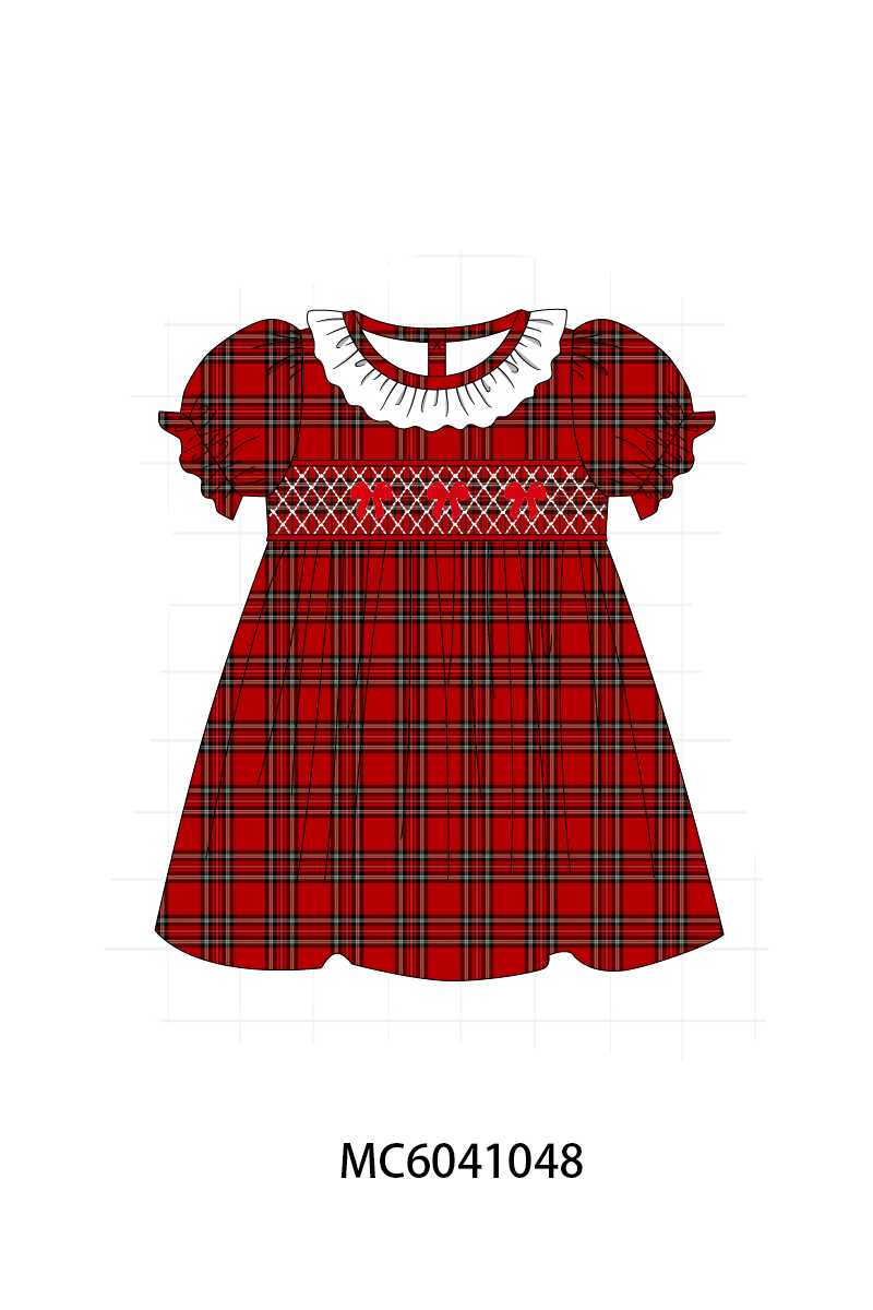 Red Plaid Bow Smocked Ruffle Dress - Sweet Classic Style for Girls