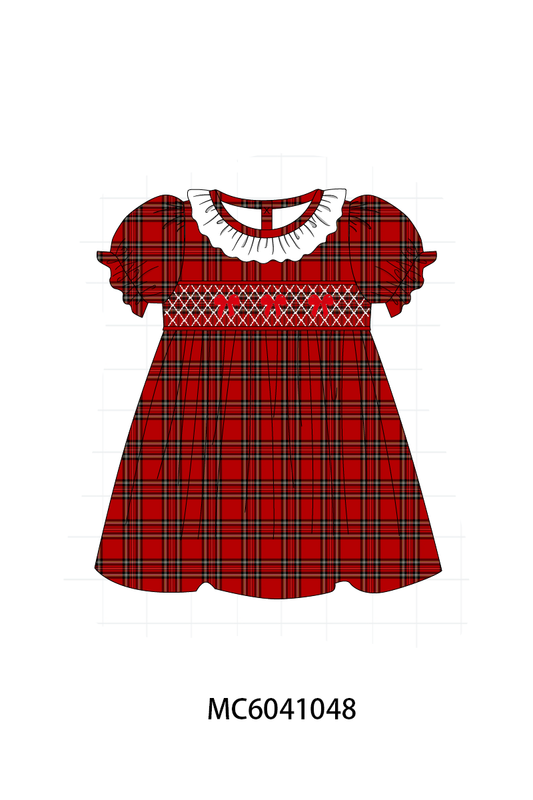 Red Plaid Bow Smocked Ruffle Dress - Sweet Classic Style for Girls