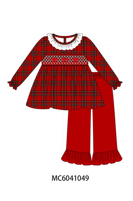 Red Plaid Bow Smocked Ruffle Pants Set - Sweet Style for Girls