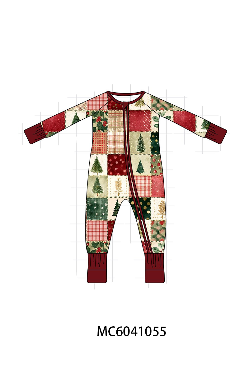 Maroon Checkered Tree Bamboo Romper - Cozy Holiday Style for Little Ones