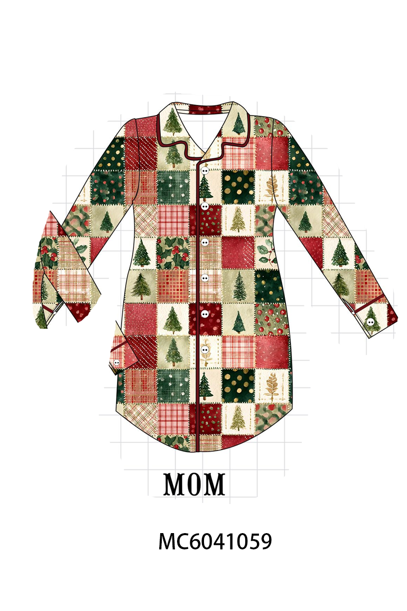 Maroon Checkered Tree Mom Sleep Gown - Cozy Holiday Nights