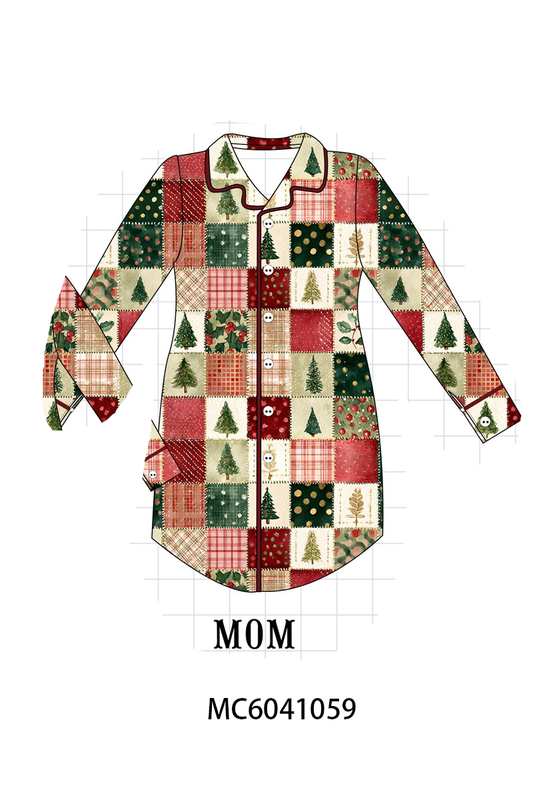 Maroon Checkered Tree Mom Sleep Gown - Cozy Holiday Nights