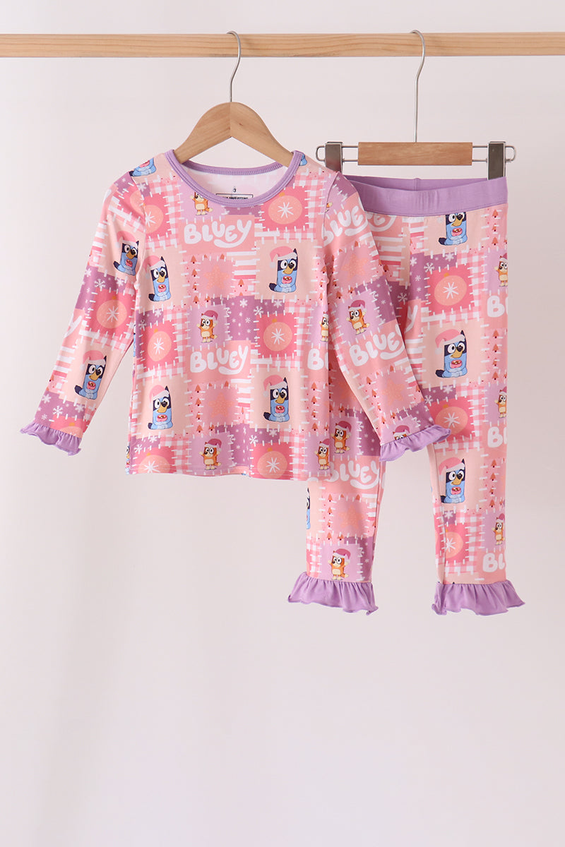 Purple Christmas Bluey Bamboo Ruffle Pajama Set - Cozy Holiday Sleepwear for Girls
