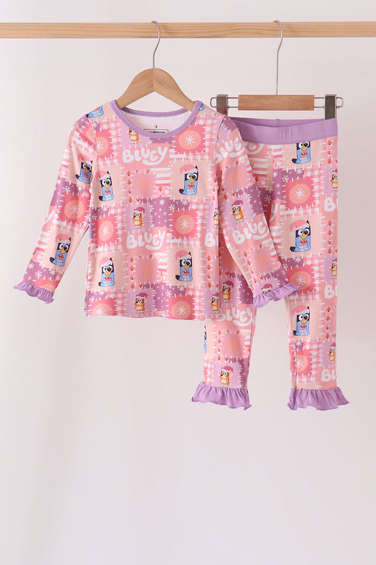 Purple Christmas Bluey Bamboo Ruffle Pajama Set - Cozy Holiday Sleepwear for Girls
