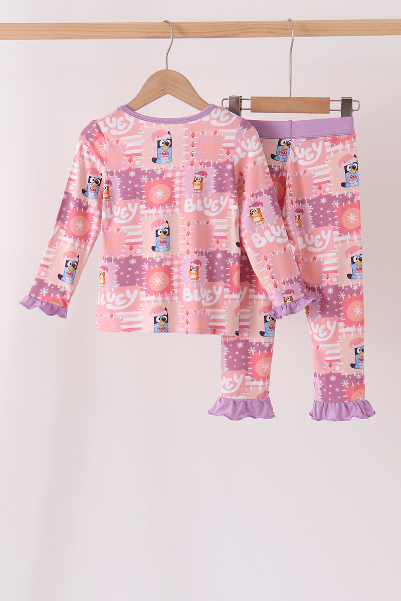 Purple Christmas Bluey Bamboo Ruffle Pajama Set - Cozy Holiday Sleepwear for Girls