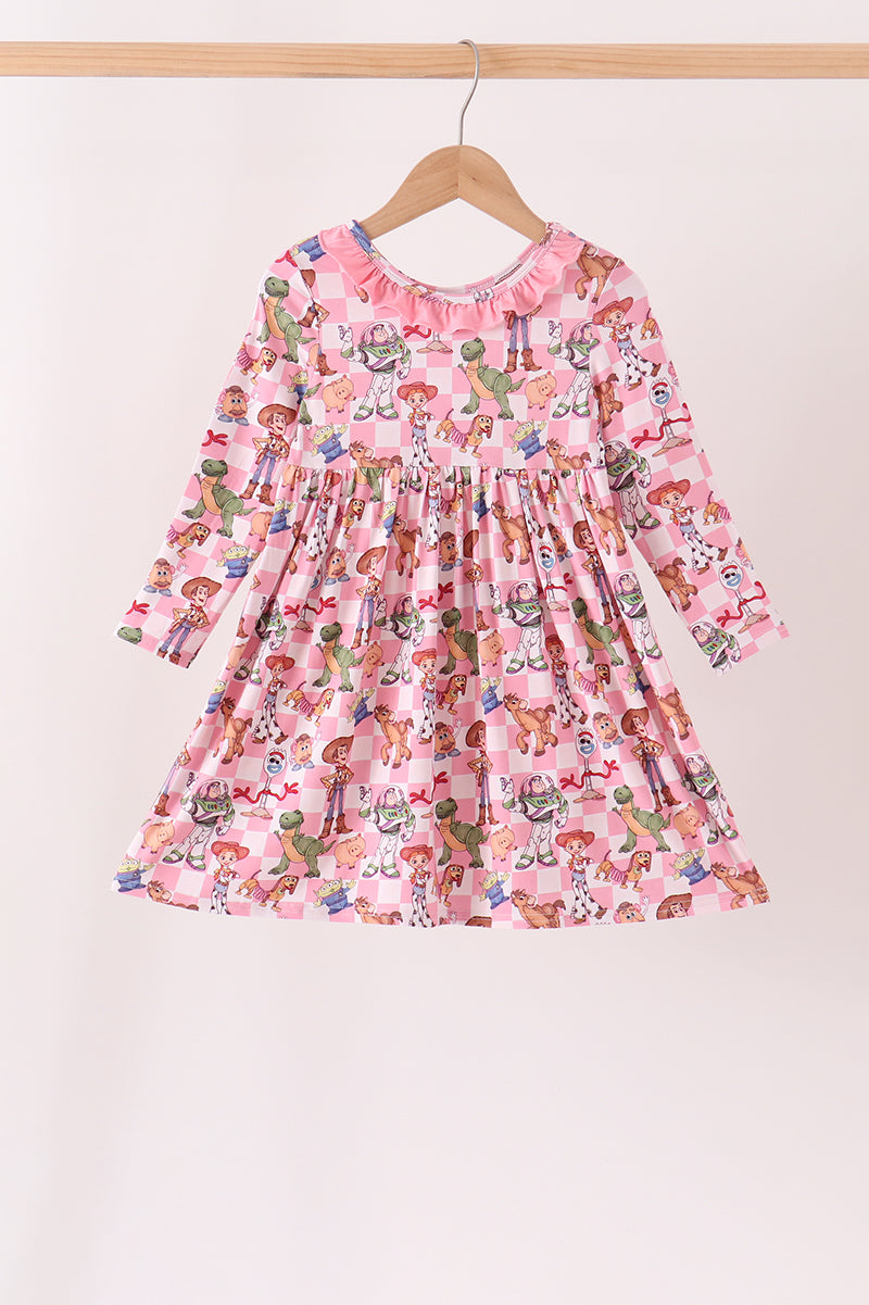 Pink Character Checkered Bamboo Ruffle Dress - Sweet & Playful Style for Little Girls