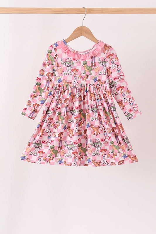 Pink Character Checkered Bamboo Ruffle Dress - Sweet & Playful Style for Little Girls
