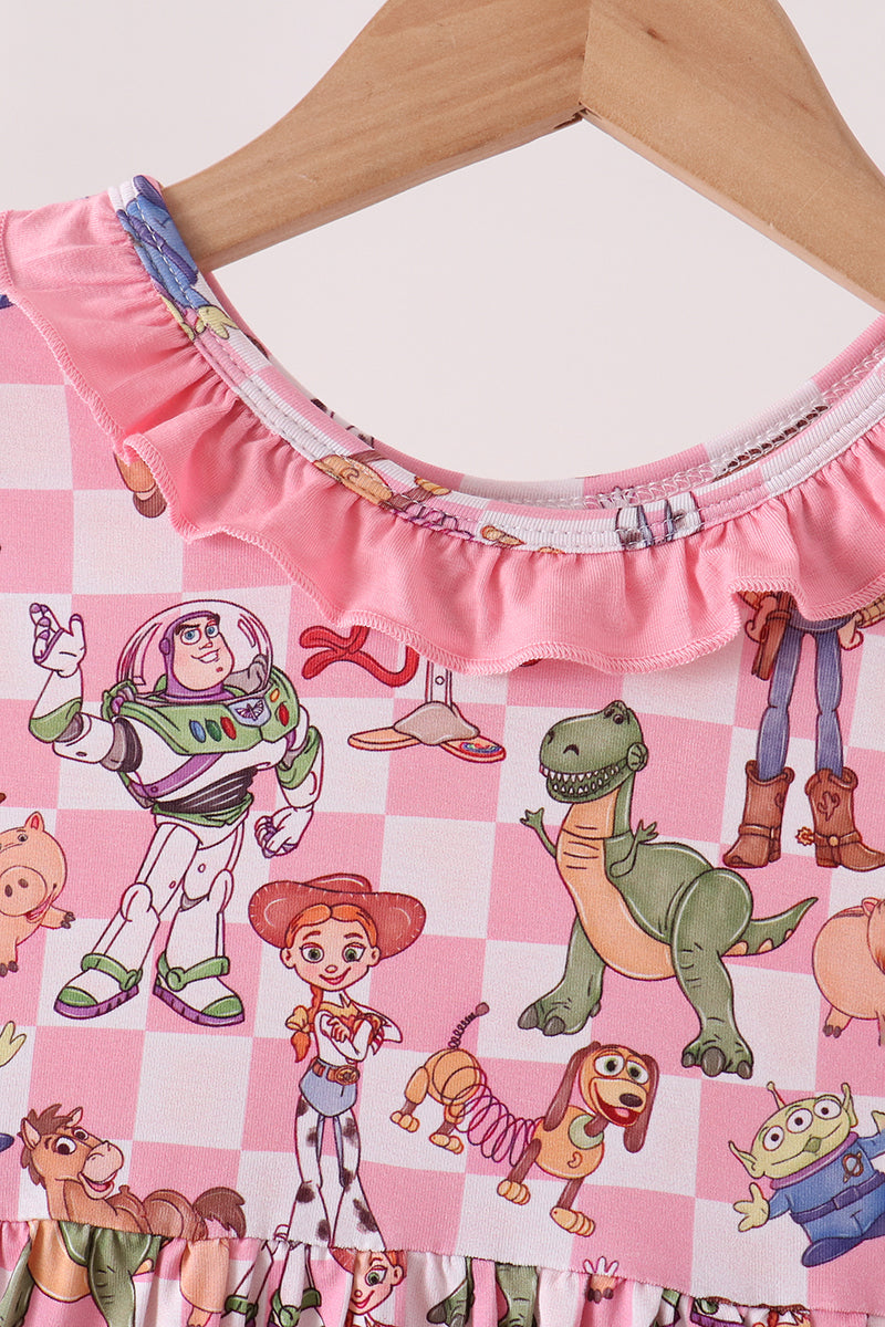 Pink Character Checkered Bamboo Ruffle Dress - Sweet & Playful Style for Little Girls