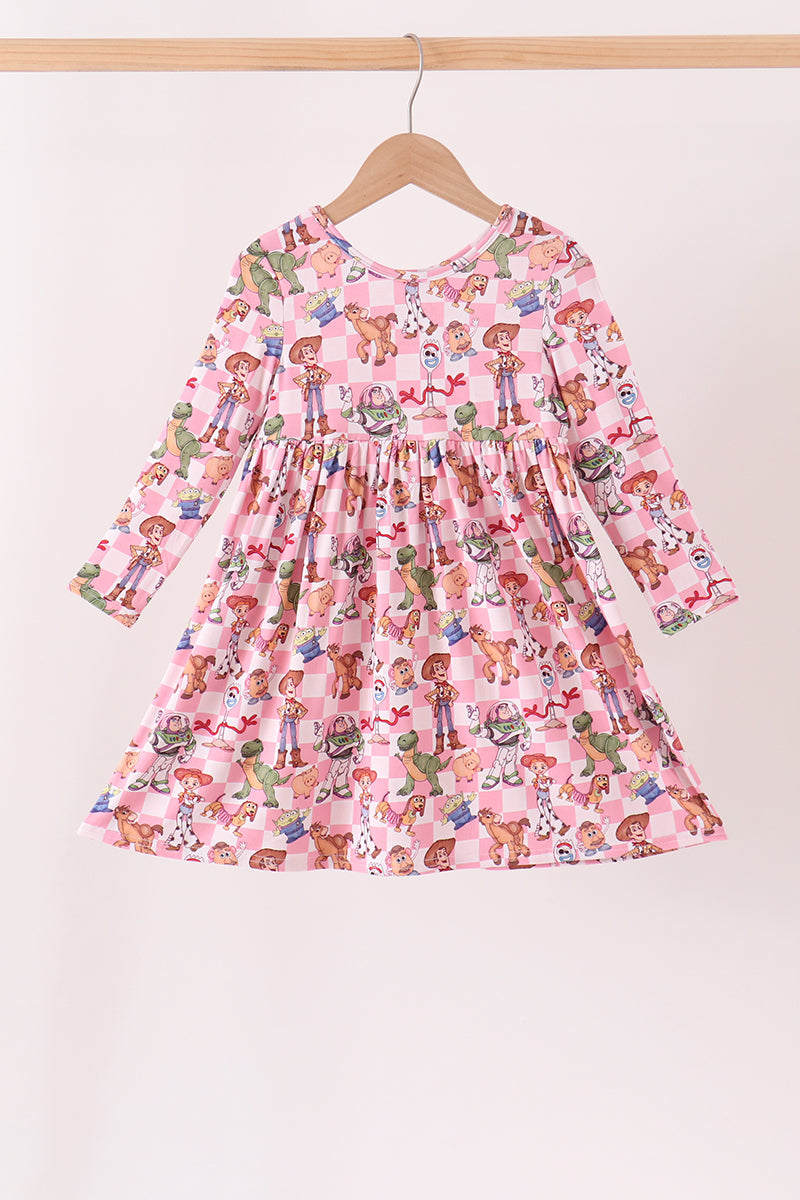 Pink Character Checkered Bamboo Ruffle Dress - Sweet & Playful Style for Little Girls