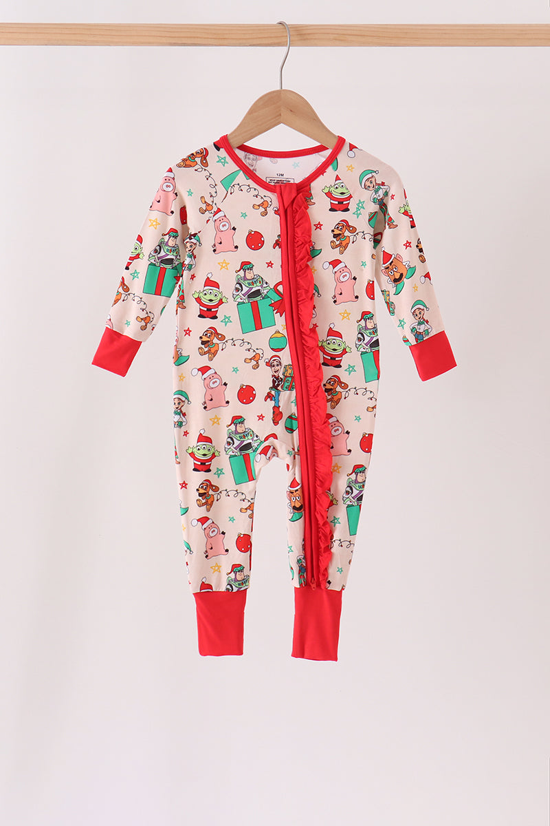 Red Christmas Toy Story Ruffle Bamboo Romper - Festive Holiday Style for Baby Girls