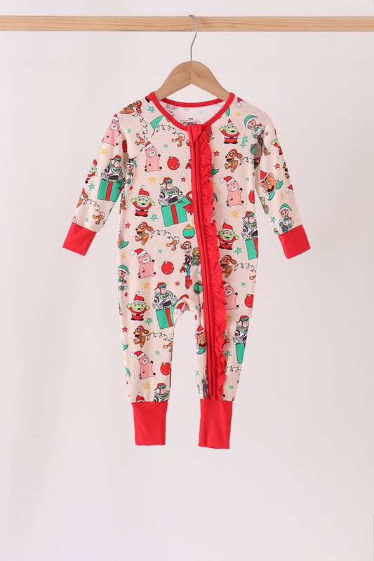 Red Christmas Toy Story Ruffle Bamboo Romper - Festive Holiday Style for Baby Girls