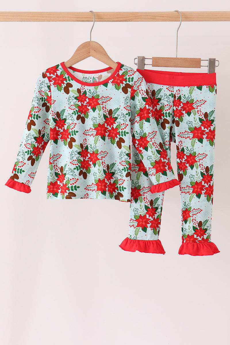Red Floral Ruffle Bamboo Pajama Set - Cozy Nights for Girls