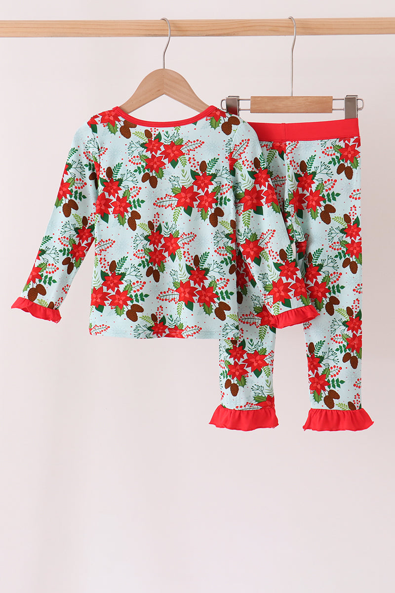 Red Floral Ruffle Bamboo Pajama Set - Cozy Nights for Girls