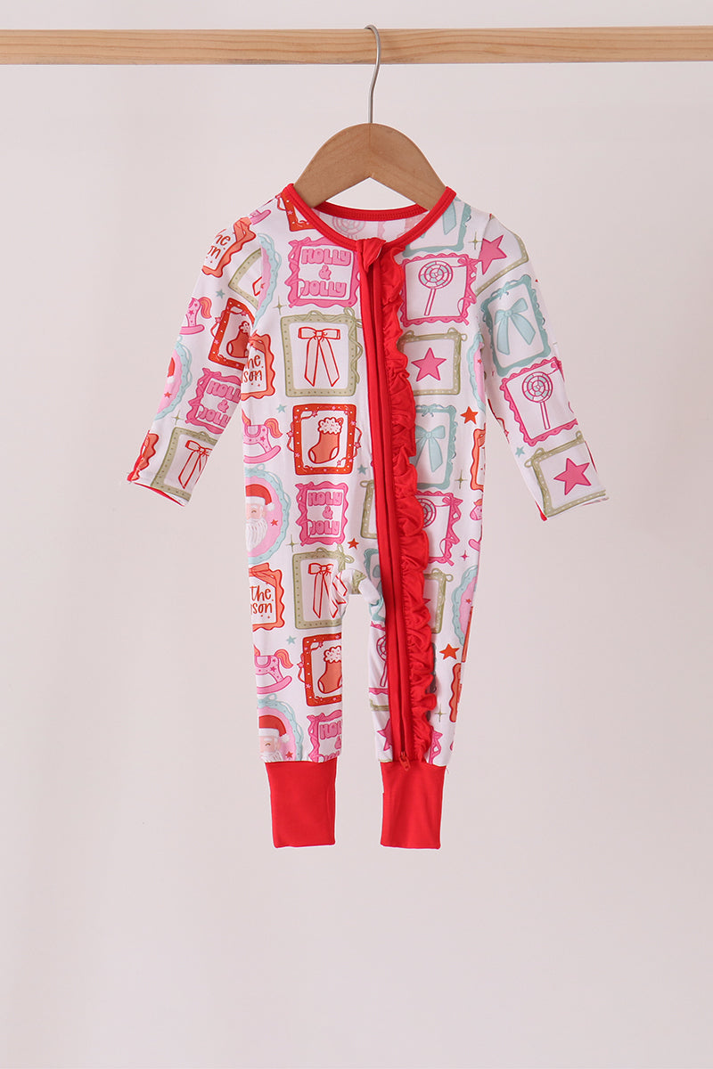 Red Santa Carousel Bamboo Romper - Sweet Christmas Style for Baby Girls
