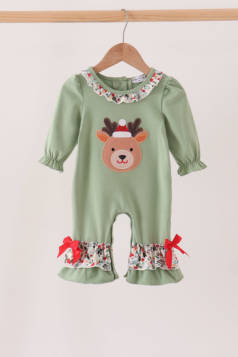 Sage Reindeer Applique Ruffle Romper - Sweet Holiday Style for Baby Girls