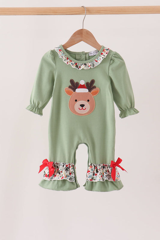 Sage Reindeer Applique Ruffle Romper - Sweet Holiday Style for Baby Girls