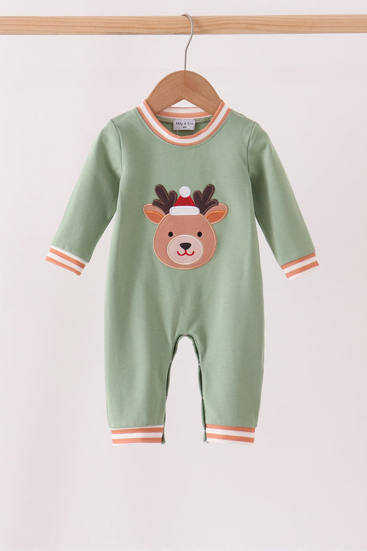 Sage Reindeer Applique Romper - Sweet Holiday Style for Baby Girls