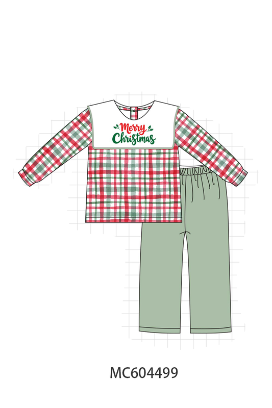 Green Merry Christmas Embroidery Plaid Pants Set - Festive Holiday Style for Girls