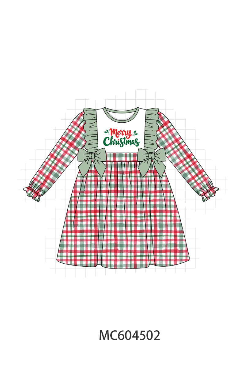 Green Merry Christmas Embroidery Plaid Ruffle Dress - Festive Holiday Style for Girls