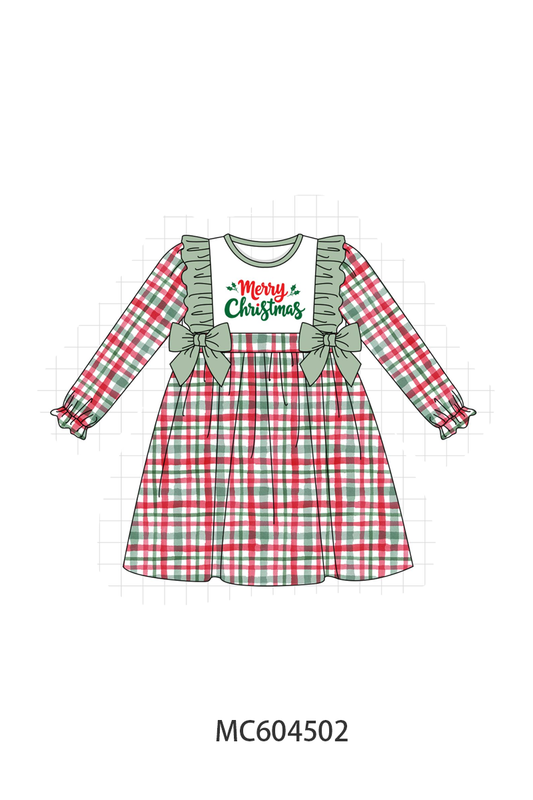 Green Merry Christmas Embroidery Plaid Ruffle Dress - Festive Holiday Style for Girls