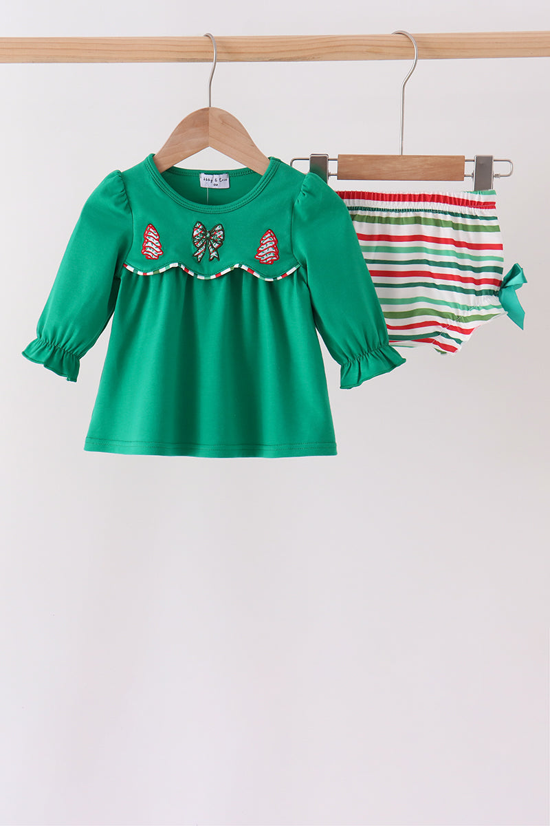 Green Christmas Tree Bow Applique Stripe Bloomer Set - Festive Holiday Style for Baby Girls
