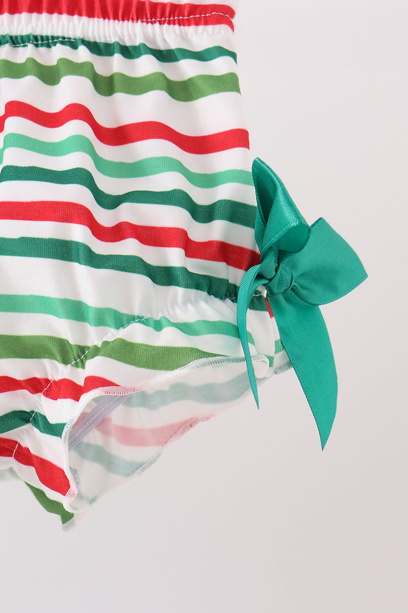 Green Christmas Tree Bow Applique Stripe Bloomer Set - Festive Holiday Style for Baby Girls