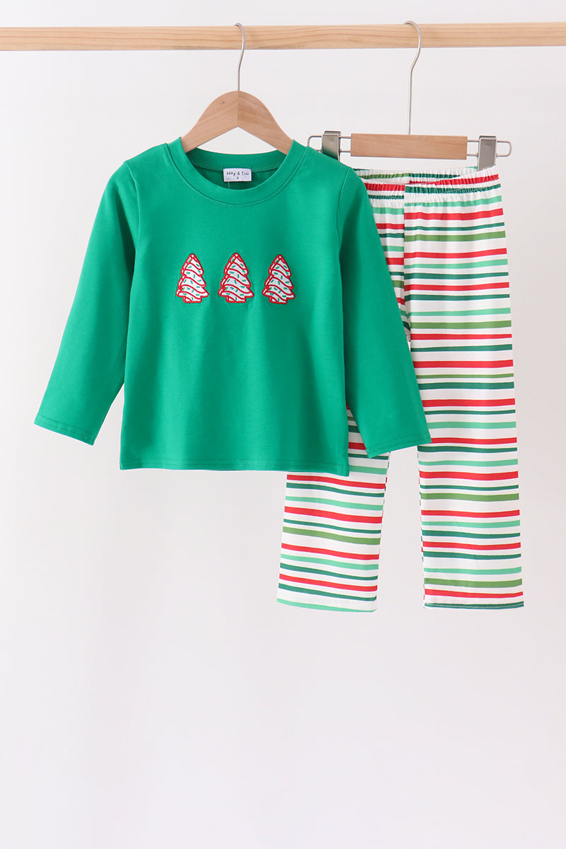 Green Christmas Tree Applique Stripe Pants Set - Festive Holiday Style for Girls
