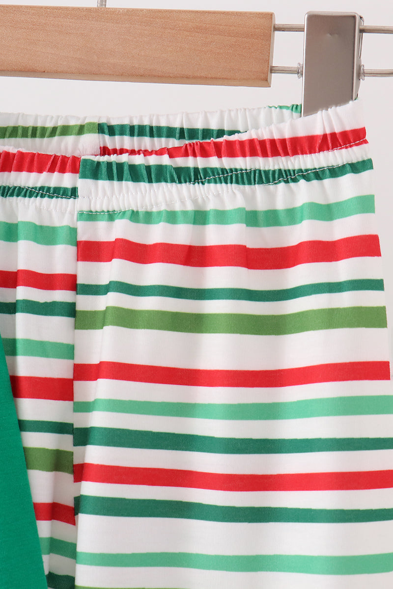 Green Christmas Tree Applique Stripe Pants Set - Festive Holiday Style for Girls