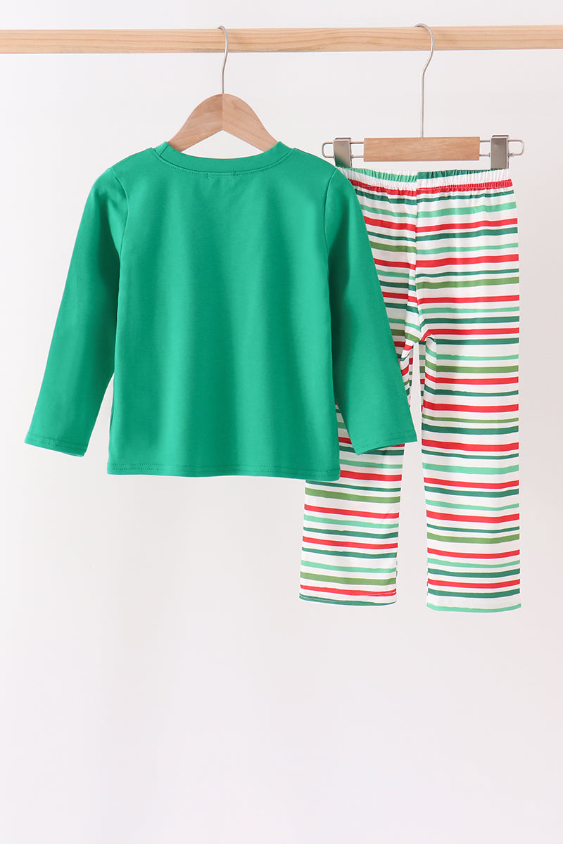 Green Christmas Tree Applique Stripe Pants Set - Festive Holiday Style for Girls
