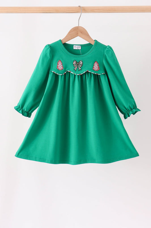 Green Christmas Tree Bow Applique Dress - Festive Holiday Style for Girls