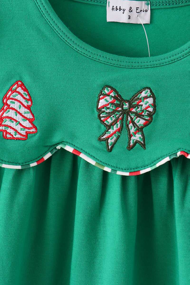 Green Christmas Tree Bow Applique Dress - Festive Holiday Style for Girls