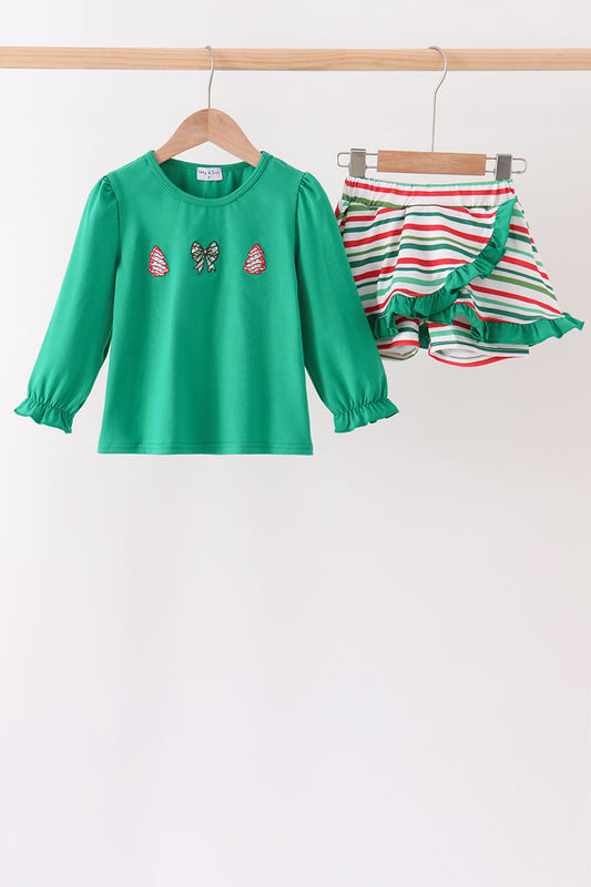 Green Christmas Tree Bow Applique Skorts Set - Festive Holiday Style for Girls