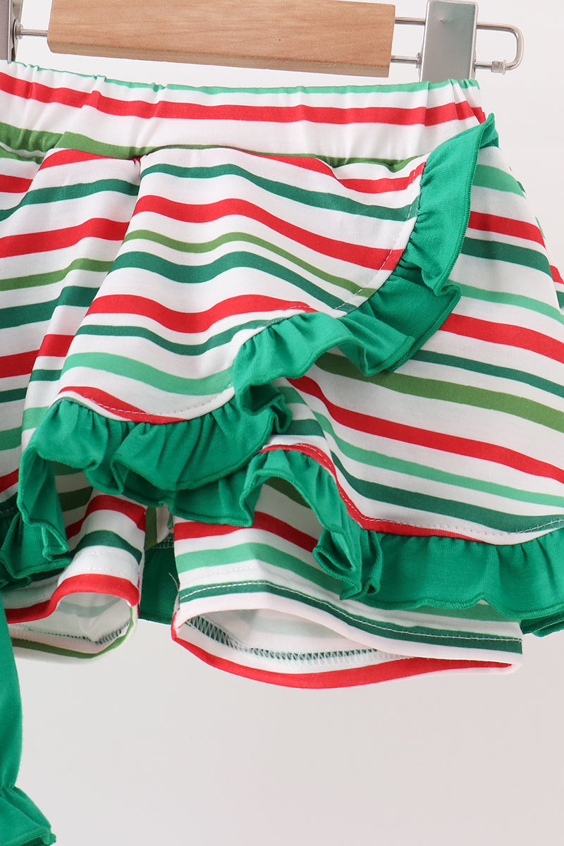 Green Christmas Tree Bow Applique Skorts Set - Festive Holiday Style for Girls