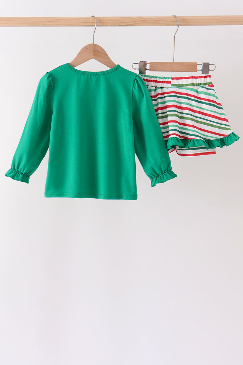 Green Christmas Tree Bow Applique Skorts Set - Festive Holiday Style for Girls