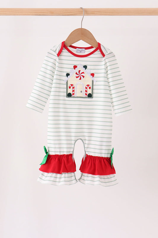 Red Gingerbread House Applique Stripe Ruffle Romper - Sweet Holiday Style for Baby Girls