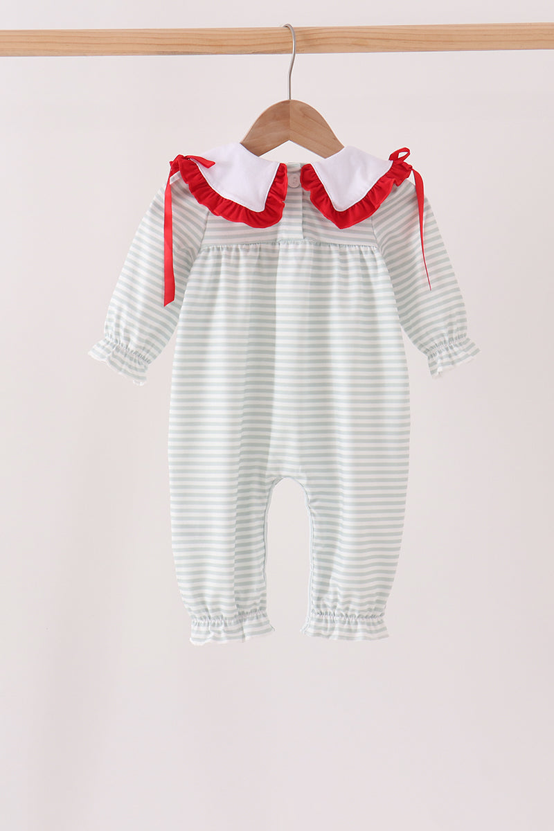 Sage Santa Applique Stripe Romper - Sweet Holiday Style for Baby Girls
