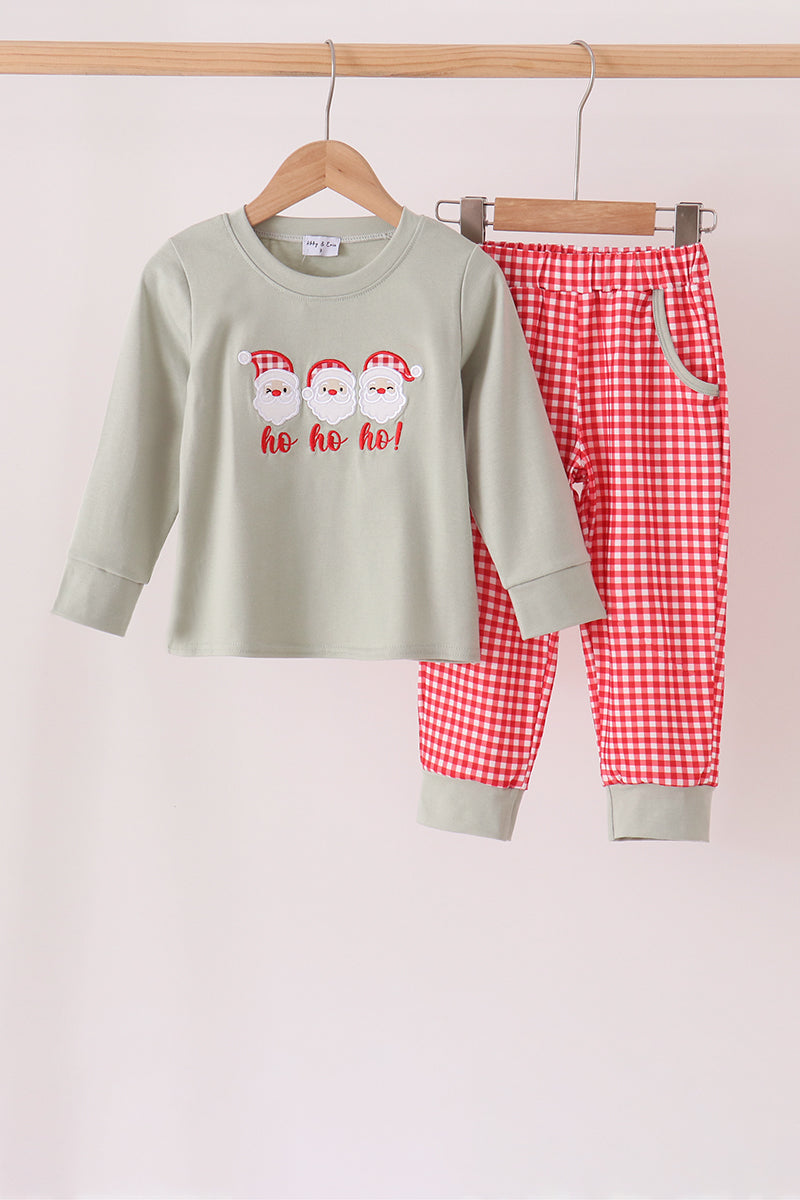 Sage Santa Applique Gingham Pants Set - Festive Holiday Style for Girls
