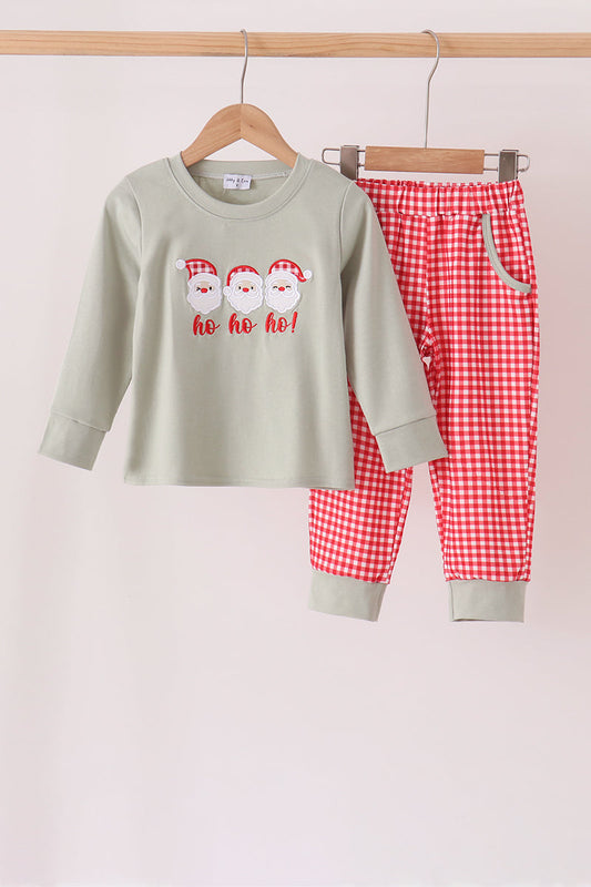 Sage Santa Applique Gingham Pants Set - Festive Holiday Style for Girls